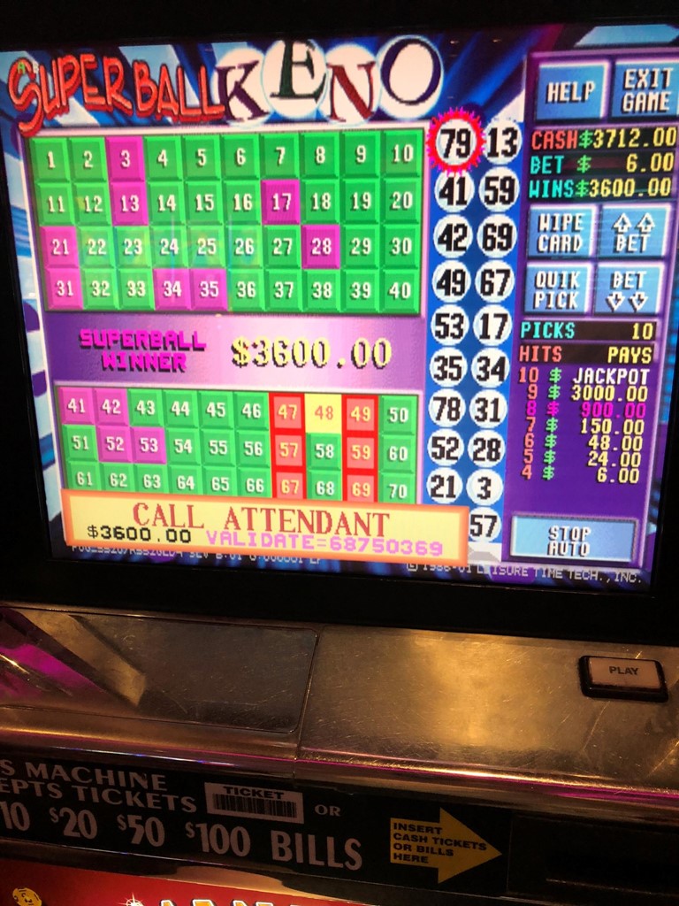 $3600 win on Keno, $5.00 bet, 7. Numbers plus the Superba... Post Image